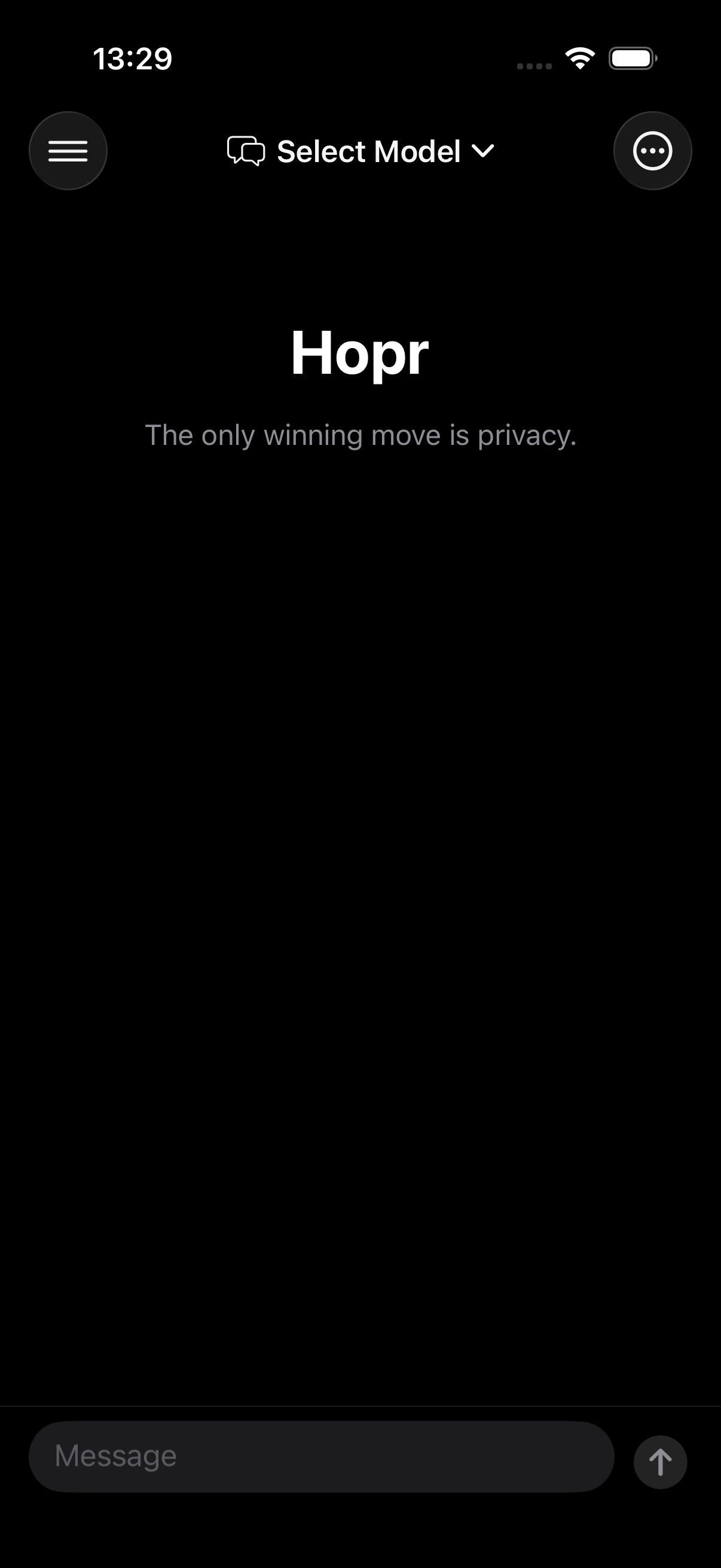 Hopr home screen with the tagline: the only winning move is privacy.