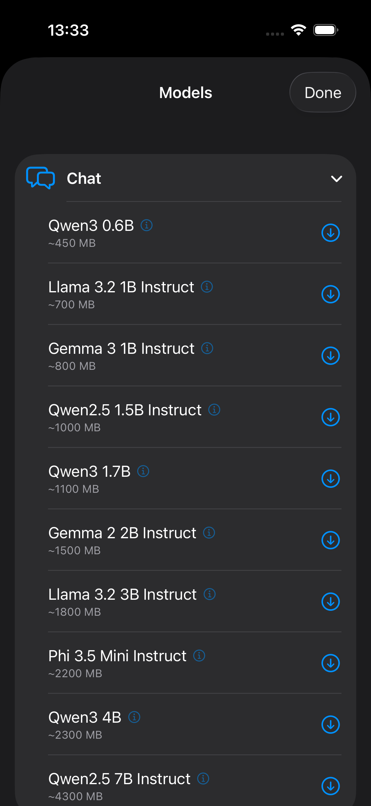 Hopr chat model library — Qwen3, Llama 3.2, Gemma, Phi 3.5 with download sizes.