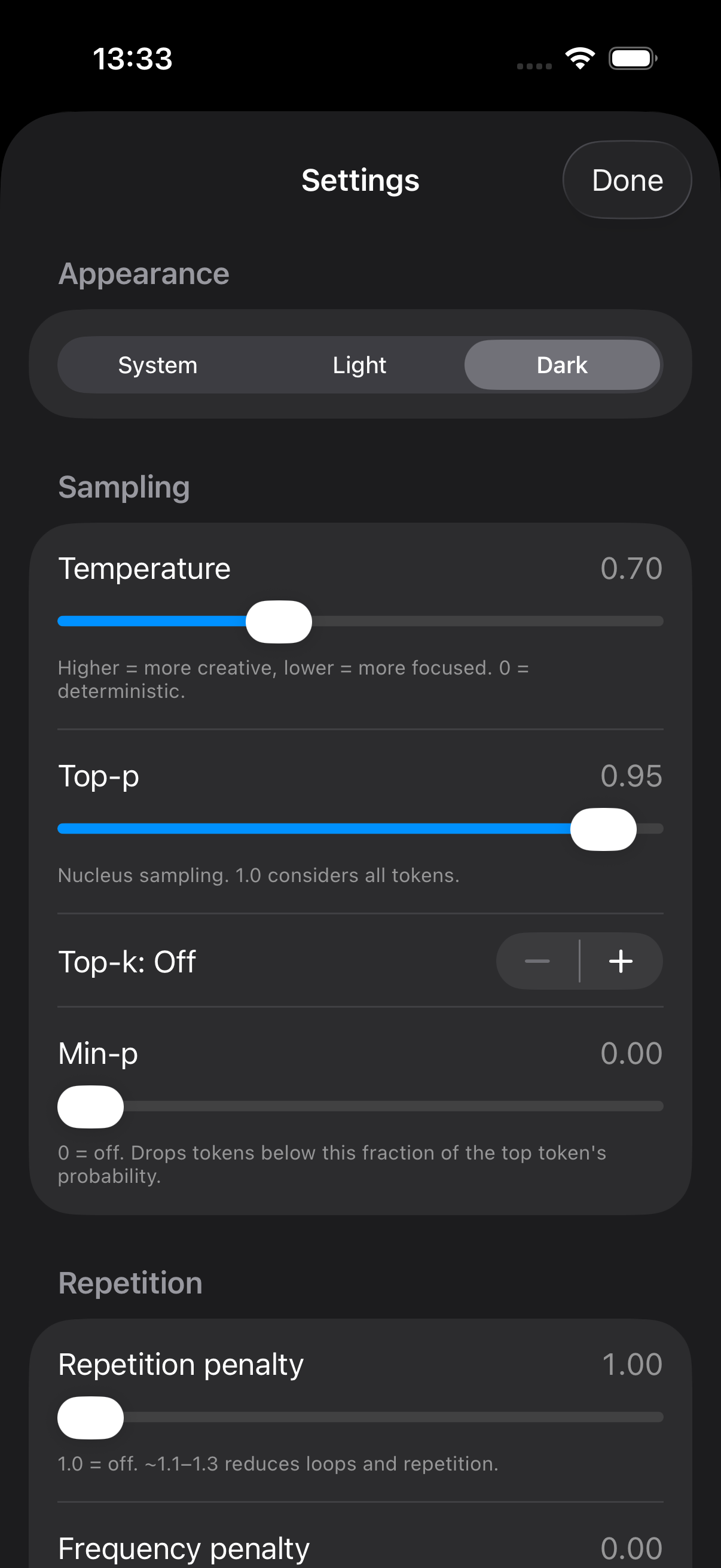 Hopr settings — temperature, top-p, top-k, min-p and other sampling controls.
